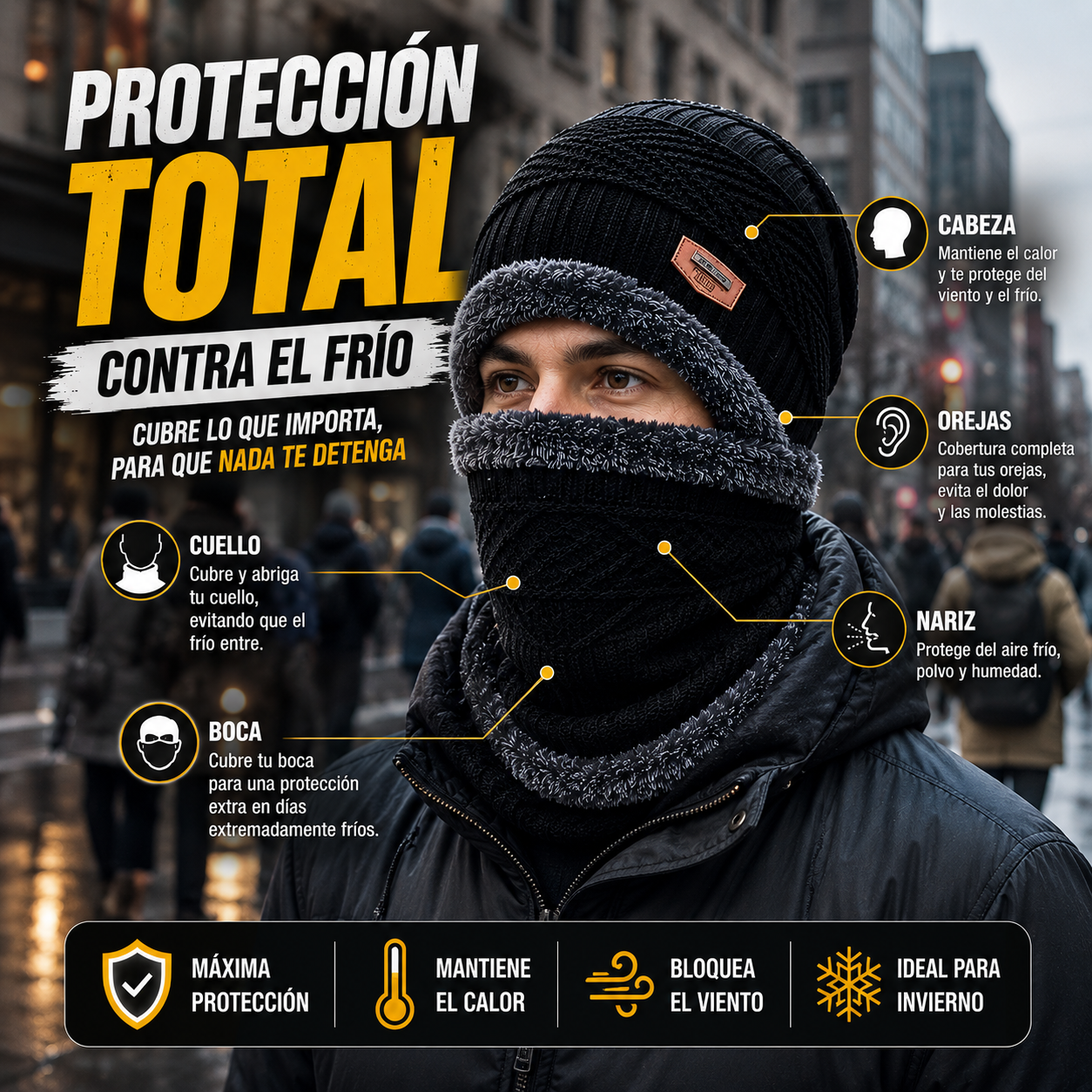 ¿Cansado de pasar frío cada invierno? ThermoFit protege tu cabeza y cuello para que disfrutes cada día.
